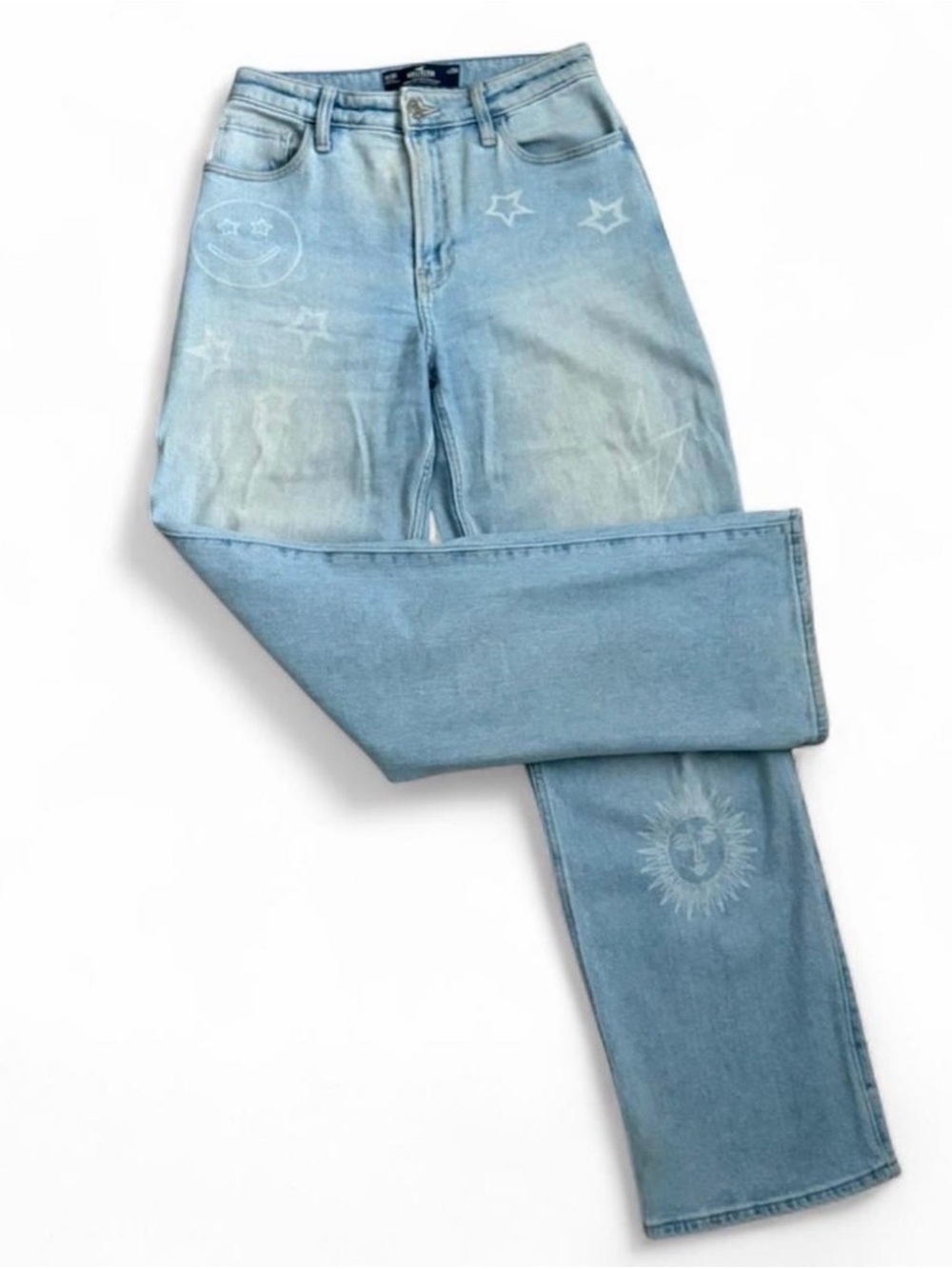 Hollister Light Blue Straight Leg Jeans with Sun, Star & Smiley Motifs